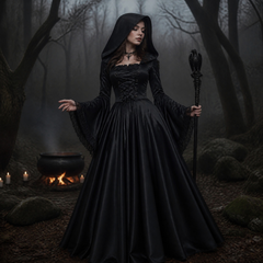 Gothic-Hexenkleid – Kapuzenlangrobe Halloween, DAMEN