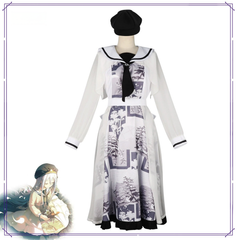 Yoiaki Kanade Project Sekai Print-Kleid Cosplay Kostuem Damen Weiß Blau