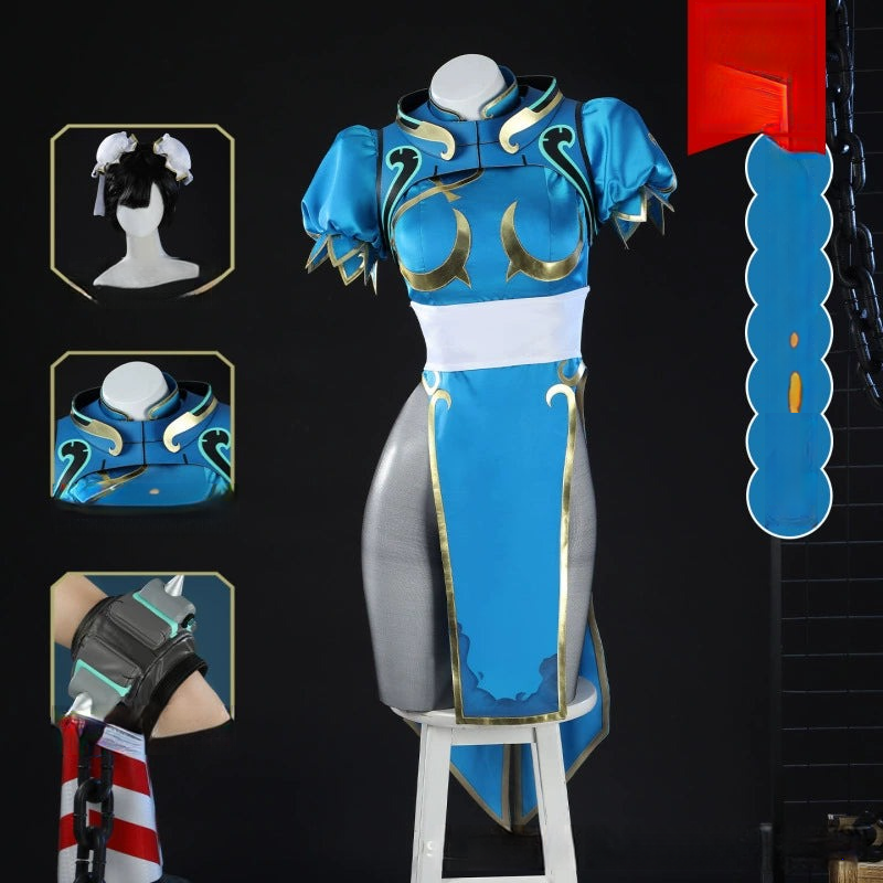 Juno Chun-Li Skin Overwatch Qipao Cosplay Kostuem Damen Blau Gold