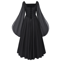 Feenkleid mit Glockenärmeln – mittelalterliches Karree-Kleid für Fest & Bühne, DAMEN