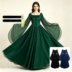 Feenkleid mit Glockenärmeln – mittelalterliches Karree-Kleid für Fest & Bühne, DAMEN