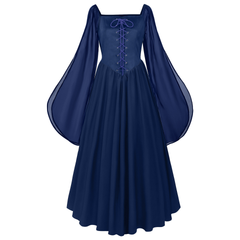 Feenkleid mit Glockenärmeln – mittelalterliches Karree-Kleid für Fest & Bühne, DAMEN