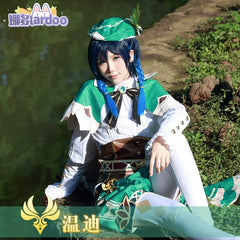 Venti Genshin Impact Bard-Outfit Cosplay Kostuem Damen Grün