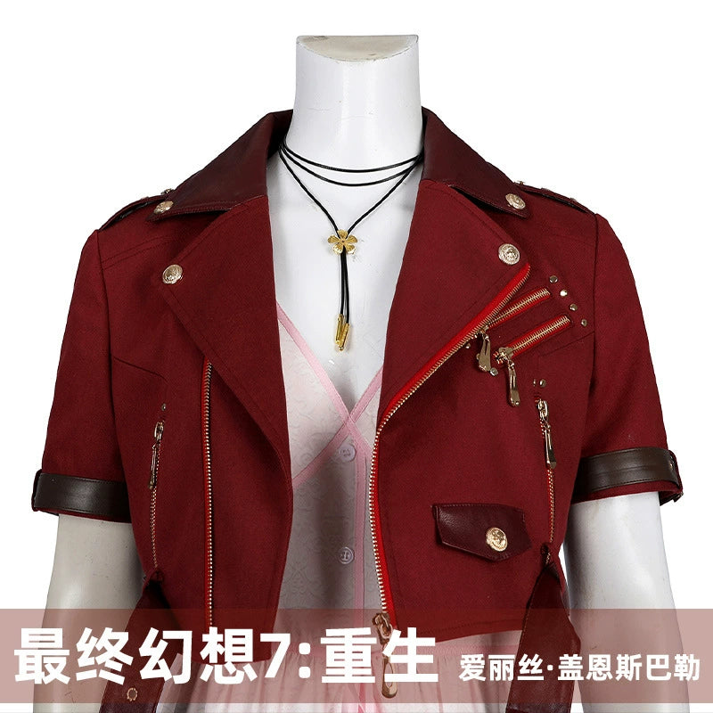 Aerith Final Fantasy VII Lederjacken-Outfit Cosplay Kostuem Damen Rot