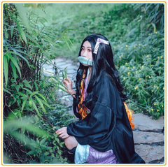 Nezuko Kamado Demon Slayer Kimono-Komplettset Cosplay Kostuem Damen Rosa Schwarz