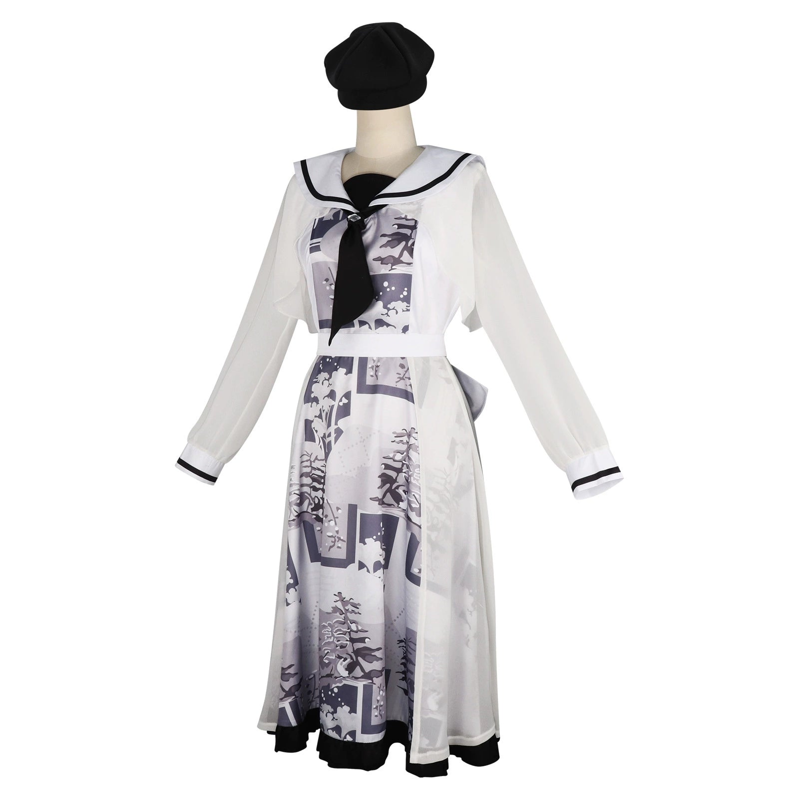 Yoiaki Kanade Project Sekai Print-Kleid Cosplay Kostuem Damen Weiß Blau