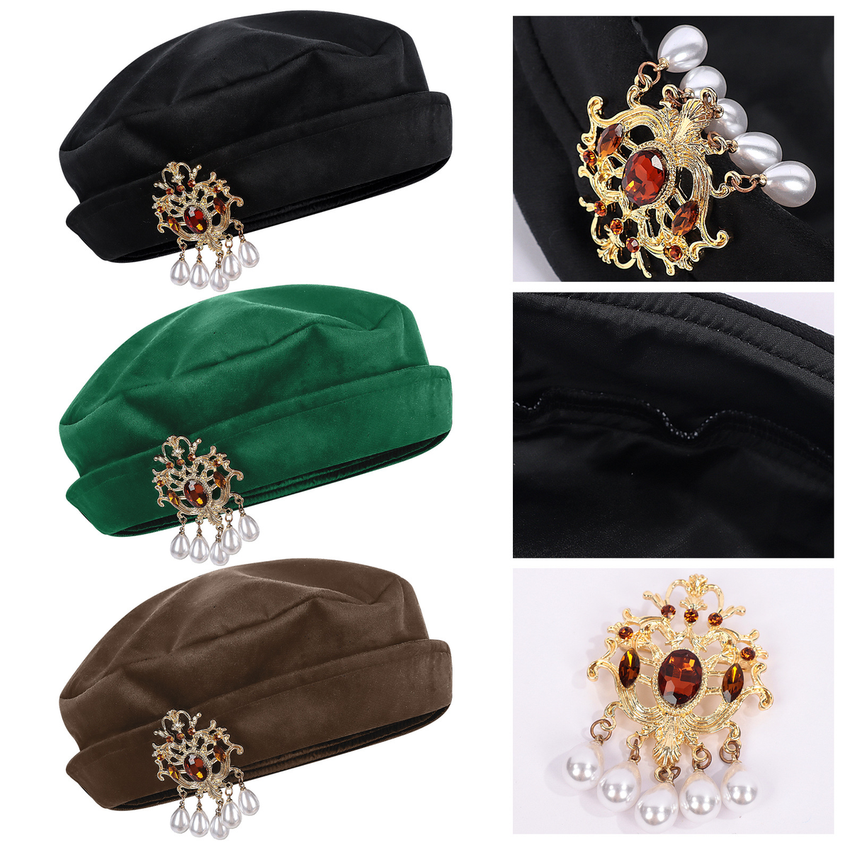 Renaissance-Barett – bestickte Tilmütze mit Strass, Einheitsgröße