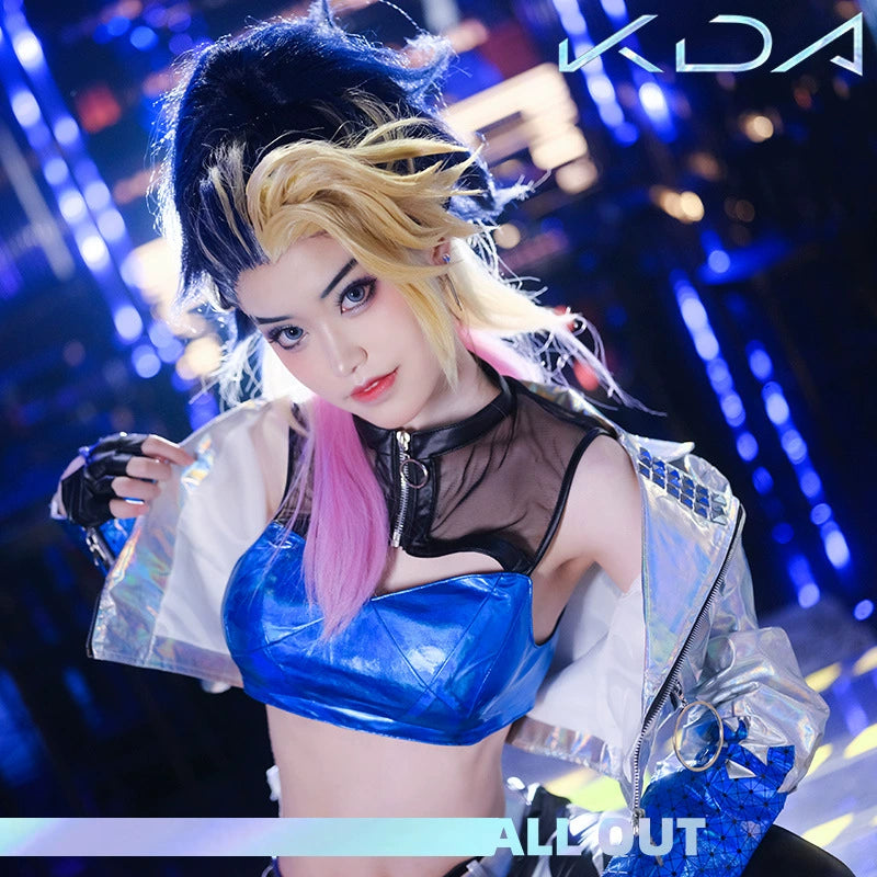 Akali KDA League of Legends Buehnen-Outfit Cosplay Kostuem Damen Blau