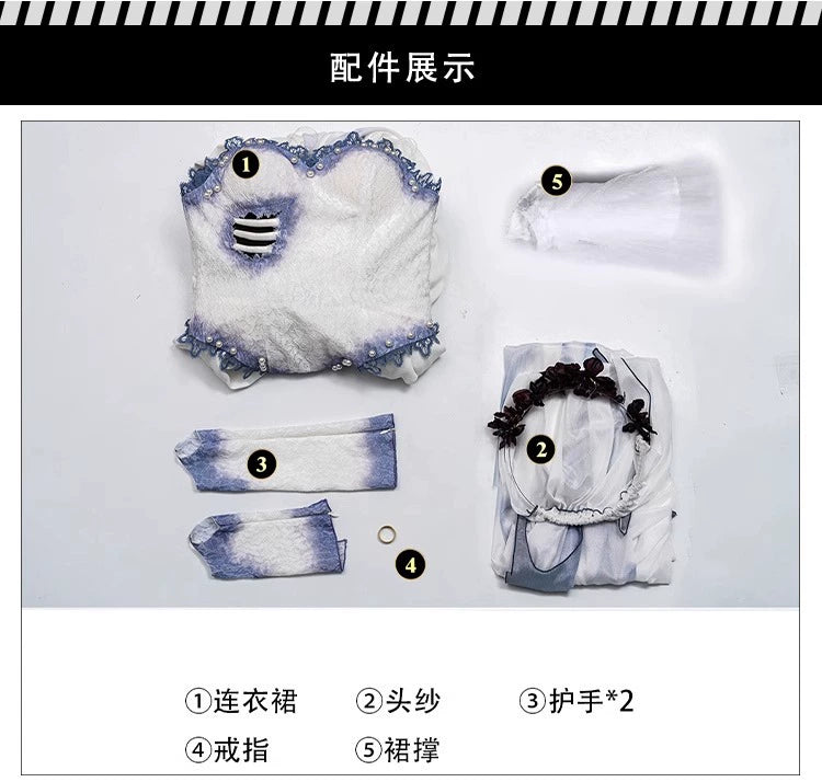 Emily Corpse Bride Brautkleid Cosplay Kostuem Damen Blau Weiss