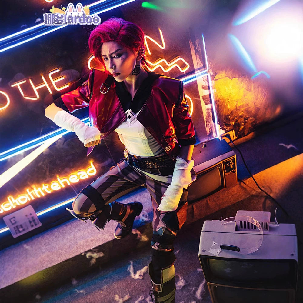 Vi League of Legends Jacke mit Hosen Cosplay Kostuem Damen Rot