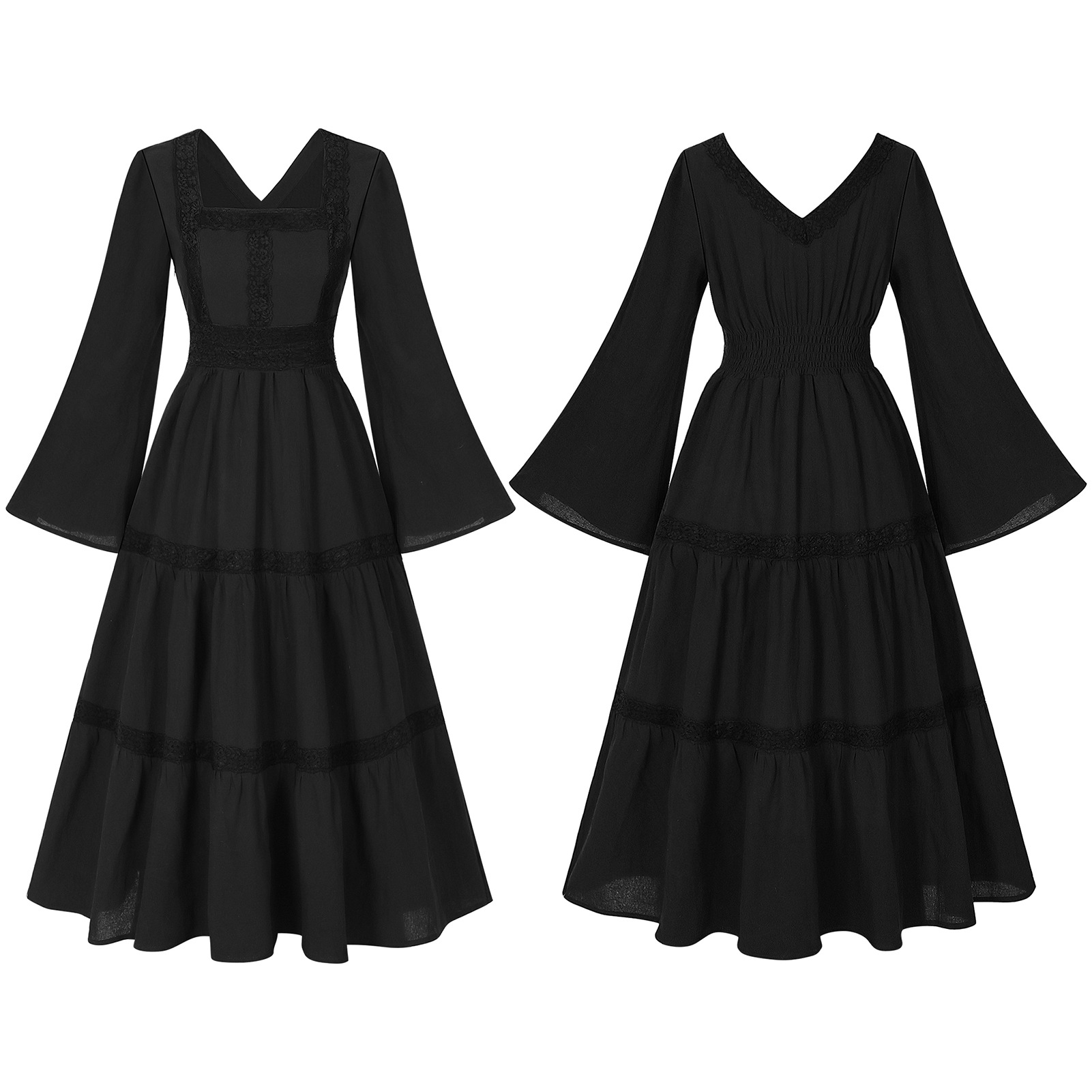 Glockenärmel-Spitzenkleid – Square-Neck Ballkleid für Renaissance, DAMEN