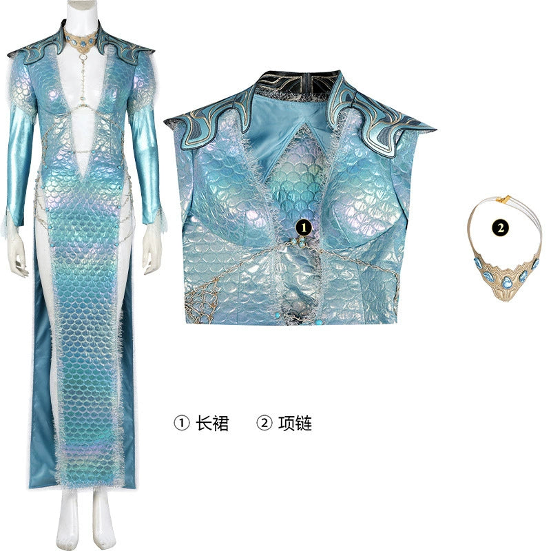 Baldurs Gate 3 Robe Cosplay Kostuem Damen Tuerkis Weiss