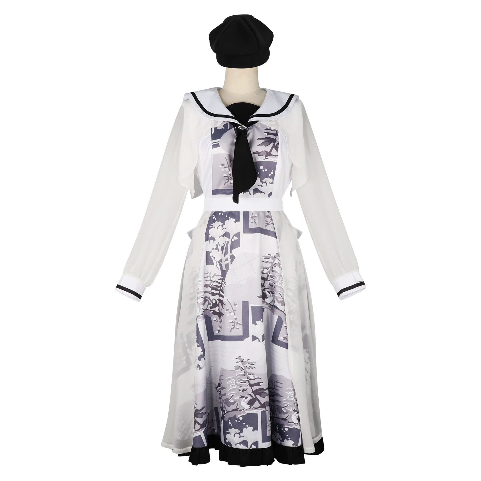 Yoiaki Kanade Project Sekai Print-Kleid Cosplay Kostuem Damen Weiß Blau