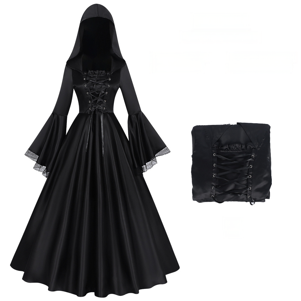 Gothic-Hexenkleid – Kapuzenlangrobe Halloween, DAMEN