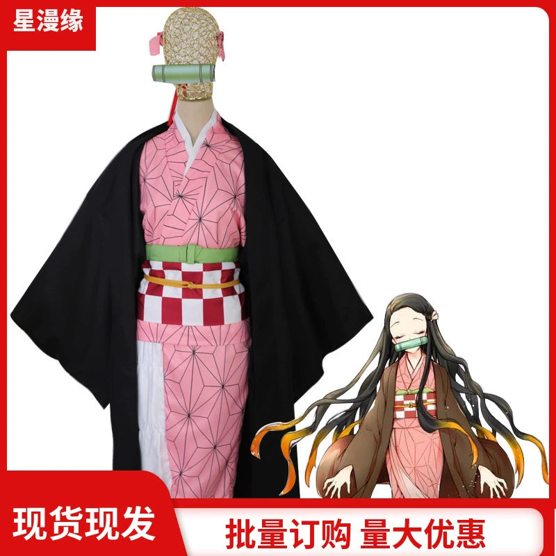 Nezuko Kamado Demon Slayer Kimono-Set Cosplay Kostuem Damen Weiß Rosa