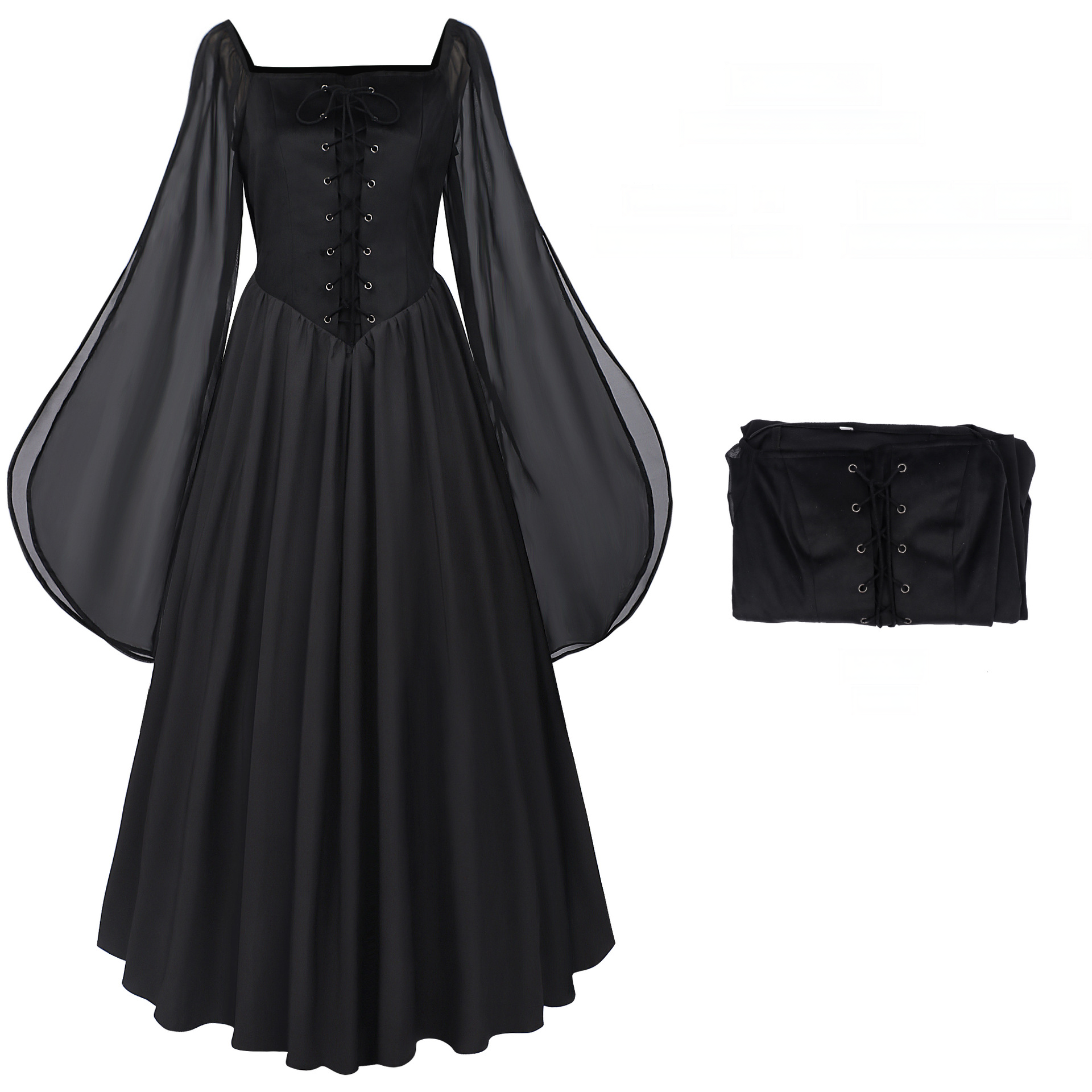 Feenkleid mit Glockenärmeln – mittelalterliches Karree-Kleid für Fest & Bühne, DAMEN