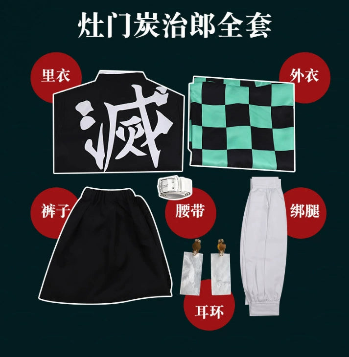 Tanjiro Kamado Demon Slayer Komplett-Set Cosplay Kostuem Damen Schwarz Grün