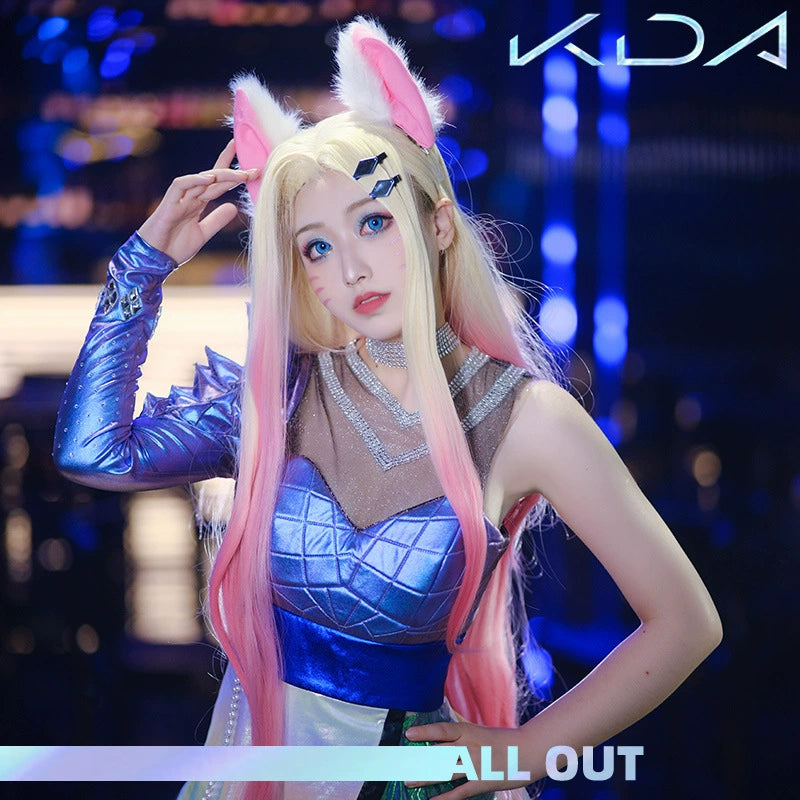 Ahri KDA League of Legends Buehnen-Kleid Cosplay Kostuem Damen Blau