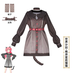 Akiyama Mizuki Project Sekai Katzen-Kleid Cosplay Kostuem Damen Grau