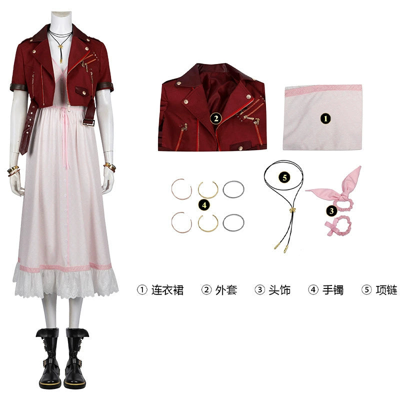 Aerith Final Fantasy VII Lederjacken-Outfit Cosplay Kostuem Damen Rot