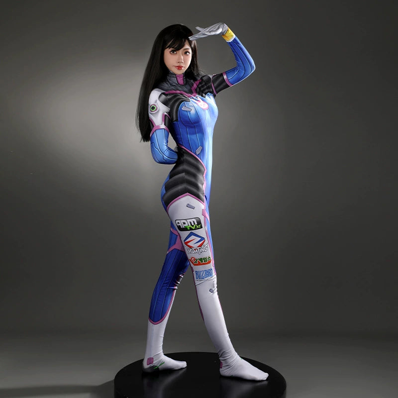 D.Va Overwatch Overall Cosplay Kostuem Damen Blau Weiss