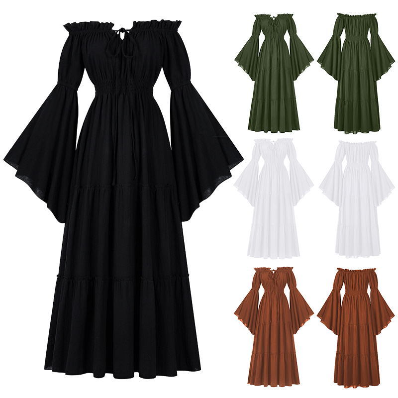 Leinenkleid Schulterfrei – Blätterärmel Mittelalter, DAMEN