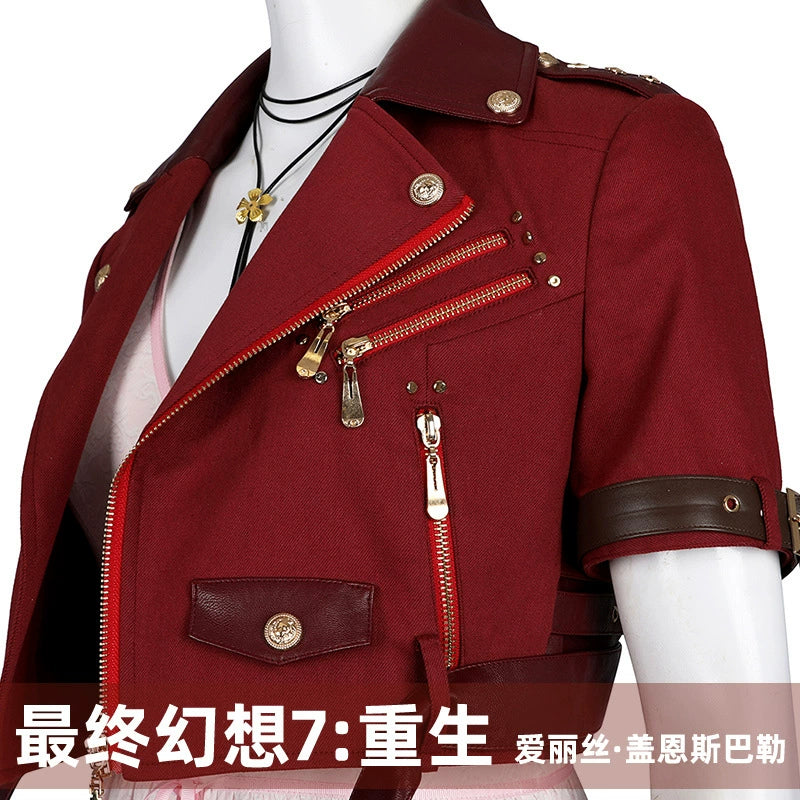 Aerith Final Fantasy VII Lederjacken-Outfit Cosplay Kostuem Damen Rot