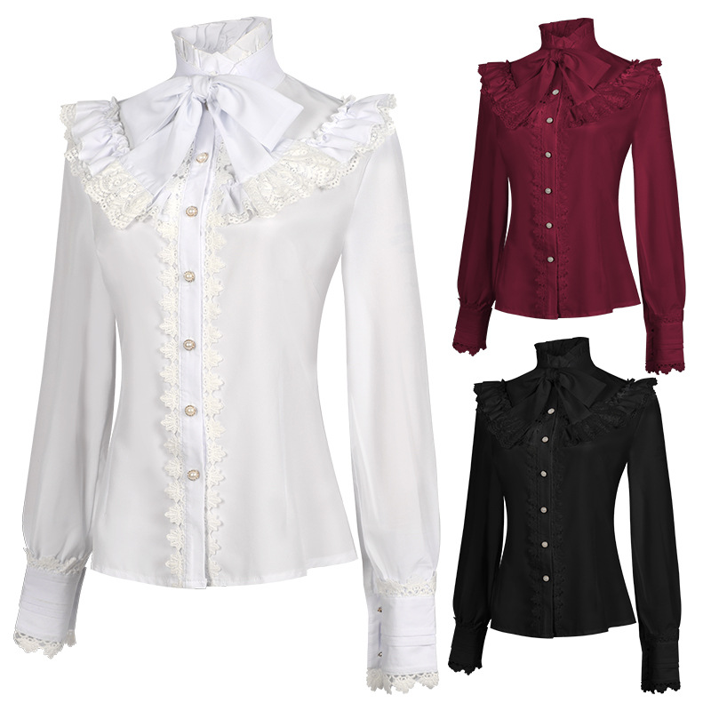 Viktorianische Gothic-Bluse – Stickerei mit Rüschenkragen, DAMEN