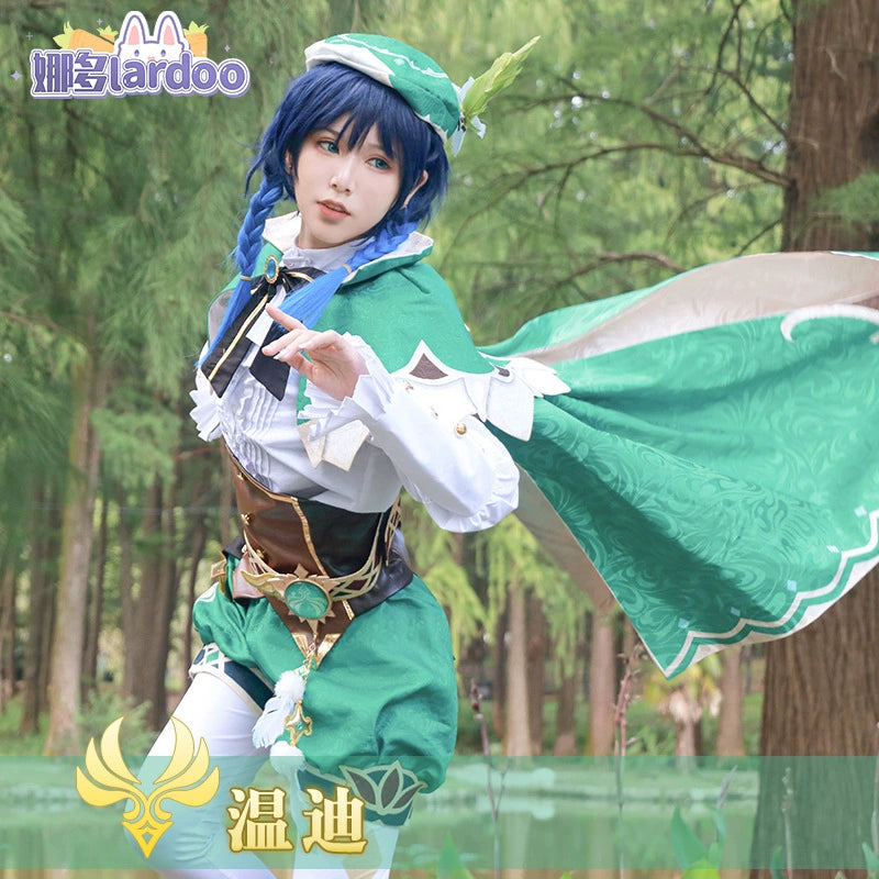 Venti Genshin Impact Bard-Outfit Cosplay Kostuem Damen Grün