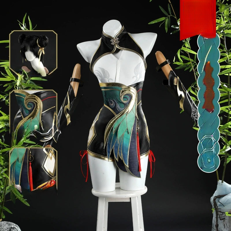 D.Va Overwatch Schwarz-Tuerkises Qipao-Set Cosplay Kostuem Damen
