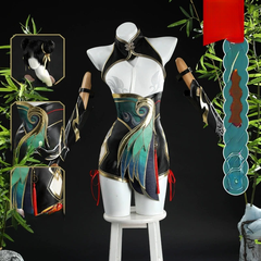 D.Va Overwatch Schwarz-Tuerkises Qipao-Set Cosplay Kostuem Damen
