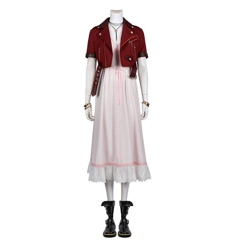 Aerith Final Fantasy VII Lederjacken-Outfit Cosplay Kostuem Damen Rot