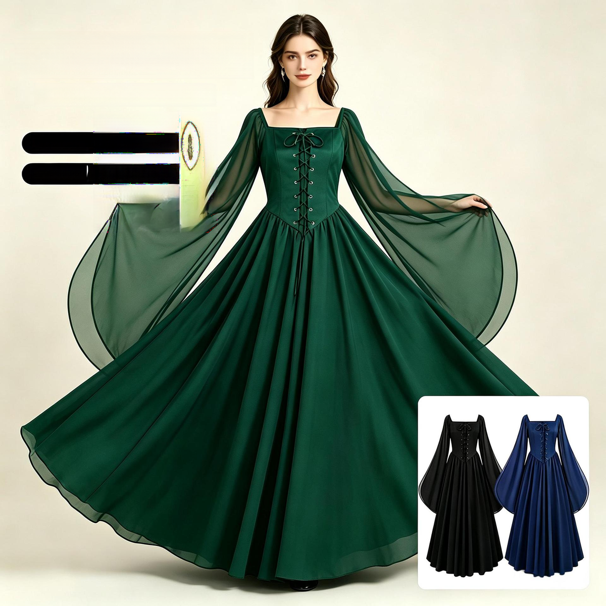 Feenkleid mit Glockenärmeln – mittelalterliches Karree-Kleid für Fest & Bühne, DAMEN