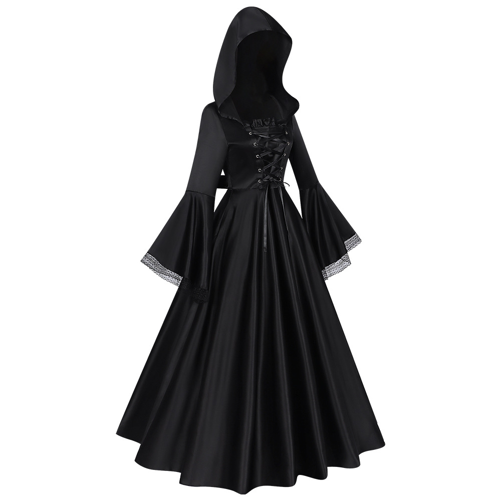Gothic-Hexenkleid – Kapuzenlangrobe Halloween, DAMEN