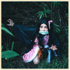 Nezuko Kamado Demon Slayer Kimono-Komplettset Cosplay Kostuem Damen Rosa Schwarz