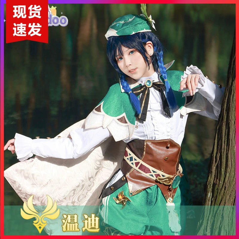 Venti Genshin Impact Bard-Outfit Cosplay Kostuem Damen Grün