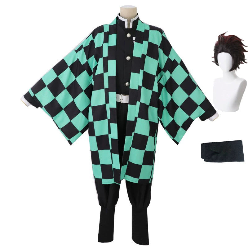 Tanjiro Kamado Demon Slayer Komplett-Set Cosplay Kostuem Damen Schwarz Grün