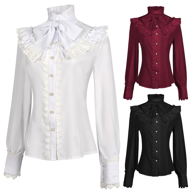 Viktorianische Gothic-Bluse – Stickerei mit Rüschenkragen, DAMEN