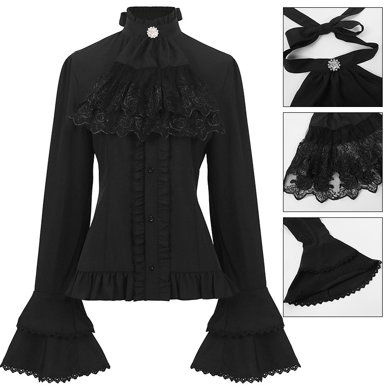 Französische Bluse – Lolita-Stehkragen mit Volants, DAMEN