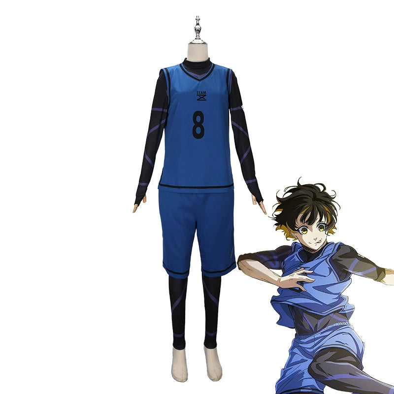 Yoichi Isagi Blue Lock Fußball-Trikot Cosplay Kostuem Damen Blau Gelb