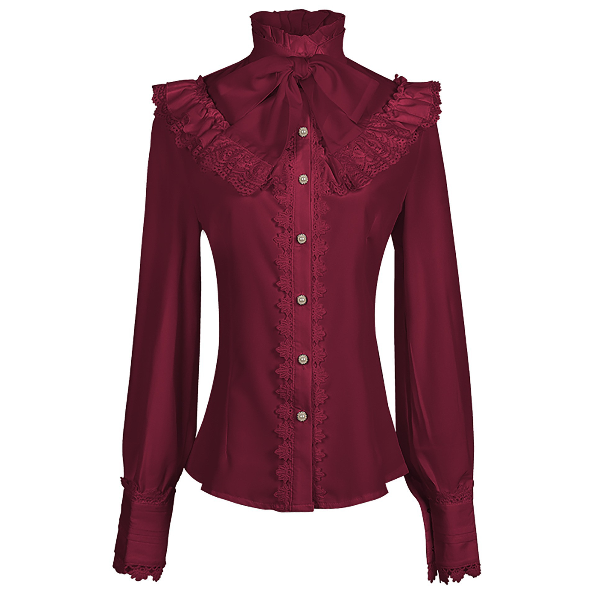 Viktorianische Gothic-Bluse – Stickerei mit Rüschenkragen, DAMEN