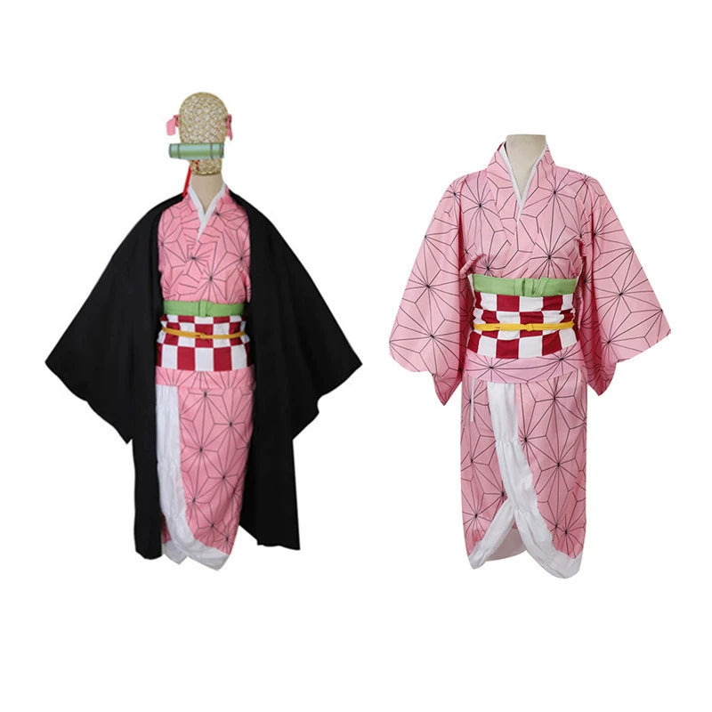 Nezuko Kamado Demon Slayer Kimono-Set Cosplay Kostuem Damen Weiß Rosa
