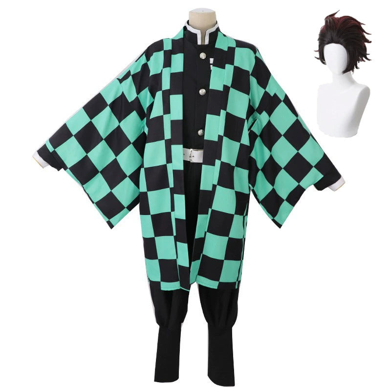 Tanjiro Kamado Demon Slayer Komplett-Set Cosplay Kostuem Damen Schwarz Grün