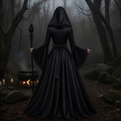 Gothic-Hexenkleid – Kapuzenlangrobe Halloween, DAMEN
