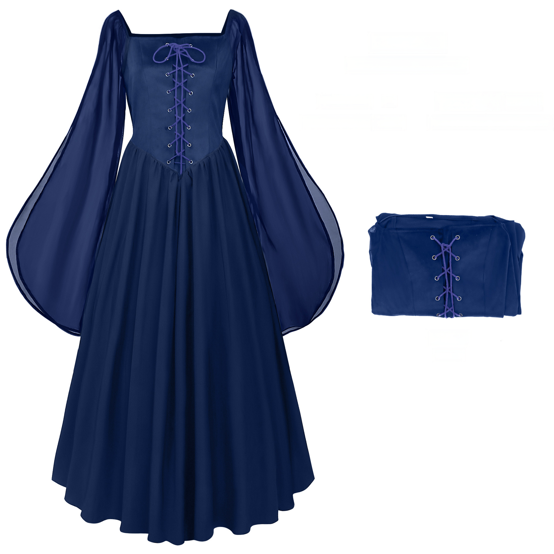 Feenkleid mit Glockenärmeln – mittelalterliches Karree-Kleid für Fest & Bühne, DAMEN