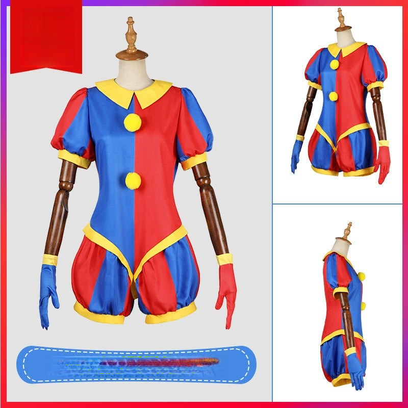 Pomni Digital Circus Harlekin-Kleid Cosplay Kostuem Damen Rot Blau