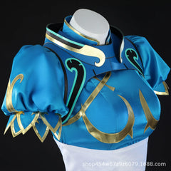 Juno Chun-Li Skin Overwatch Qipao Cosplay Kostuem Damen Blau Gold