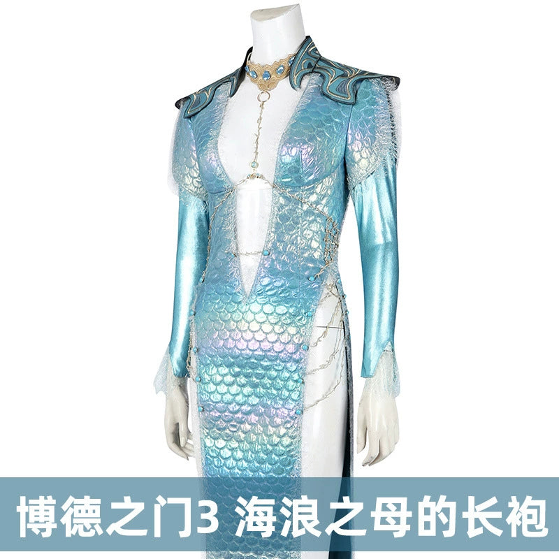 Baldurs Gate 3 Robe Cosplay Kostuem Damen Tuerkis Weiss