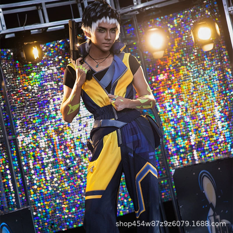 Neon Valorant Anzug Cosplay Kostuem Damen Blau Gelb