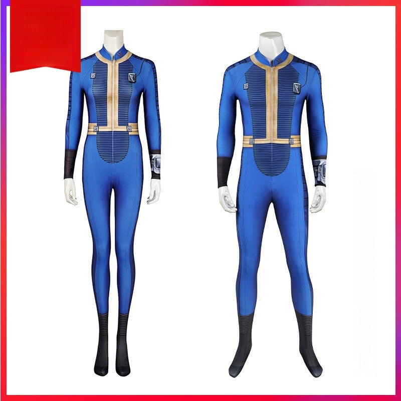 Vault Suit Fallout Jumpsuit Cosplay Kostuem Damen Blau Gelb